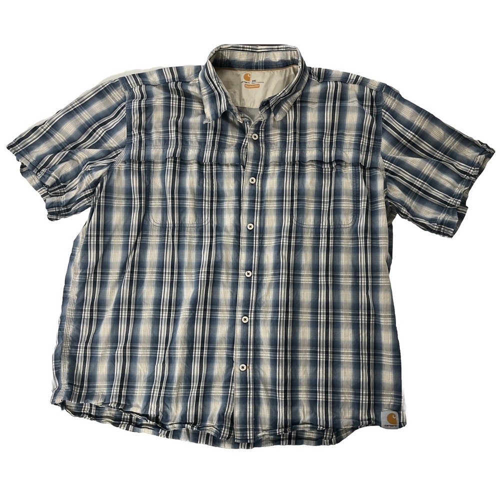 Carhartt Men's Size 2XL Relaxed Fit‎ Short Sleeve Button Up Blue White Plaid